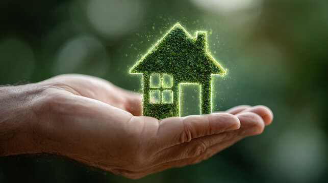 A hyperrealistic eco-friendly house concept of a hand presenting glowing green house icon with renewable energy symbols in a bright sustainable environment,