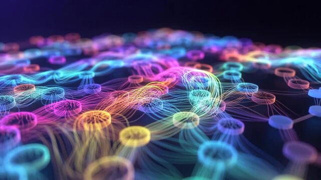 Abstract colorful connected nodes shown in digital style on dark background, concept of technology and data flow