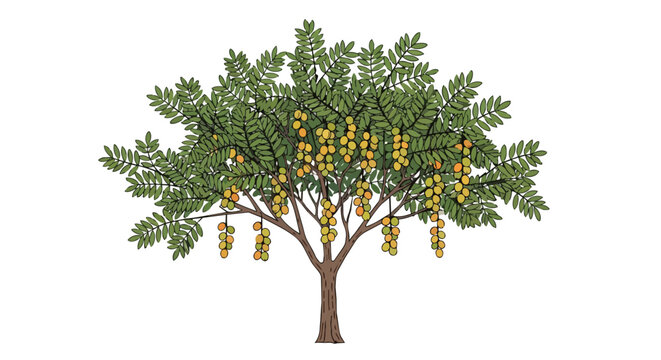 Tropical Langsat Tree with Abundant Yellow Fruit Clusters Illustration Isolated on White Background