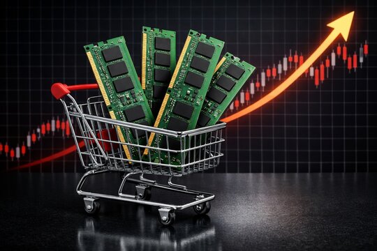 Rising computer memory prices shown by creative shopping cart concept. Ai generative
