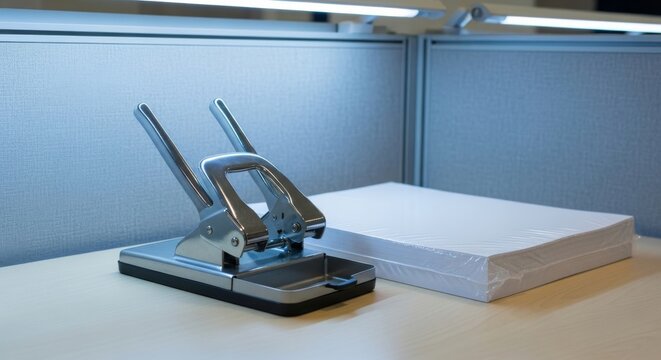 Metal Hole Punch With Silver Levers Next To Paper Stack