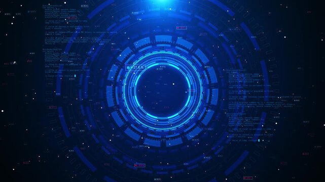 Blue HUD code interface background circular scanner rings, data numbers, percentage labels, analytics depth. finance software demos, trading screens, AI intros, business reports, digital overlays.