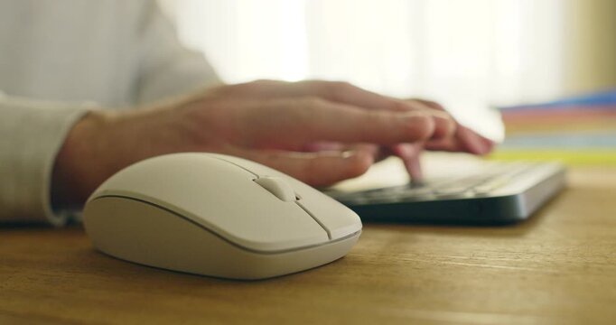 Close Up Of Hand Using Computer Mouse And Keyboard In Bright Modern Office, Professional Remote Work And Business Productivity Concept