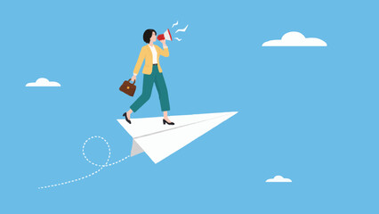 Fototapeta premium Business woman flying on a paper plane holding a red megaphone as a leader concept.