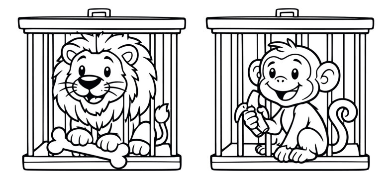 Hand drawn line art cartoon zoo animal set featuring a lion holding a bone and a monkey holding a banana in cages for kids activities