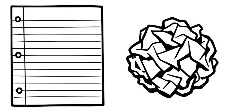 Hand drawn line art paper set featuring a lined sheet and a crumpled ball for education or office projects