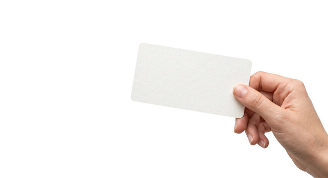 Blank business card held by hand, white paper card mockup for branding, person holding empty name card for corporate identity isolated PNG with Transparent Background