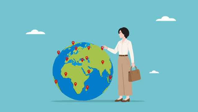 Professional woman pointing at globe map with pins for global business expansion.
