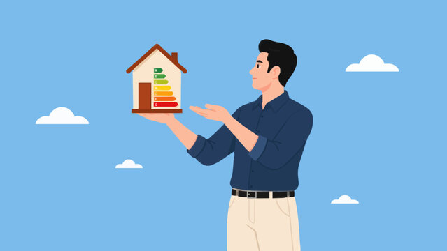 Professional man presenting house model with energy rating scale against blue sky.