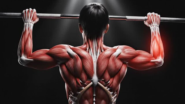 Anatomical illustration of a man performing pull ups with highlighted arm muscles on a black background