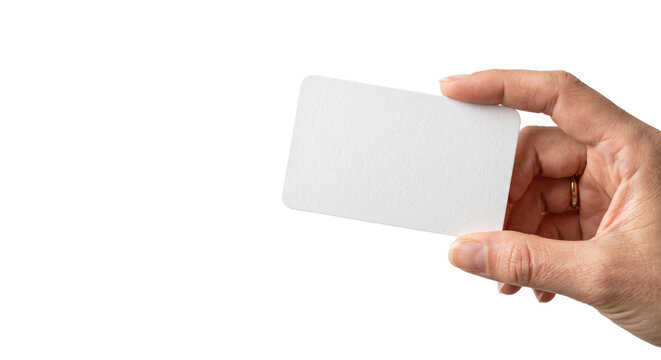 Blank white business card held by hand, professional plastic credit card mockup, clean identity card template for corporate branding and design isolated PNG with Transparent Background