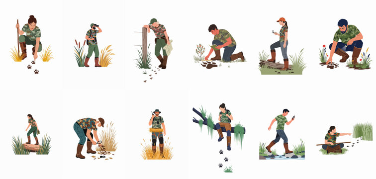 Collection of illustrations depicting people in camouflage clothing engaged in animal tracking, wildlife observation, scouting, and outdoor exploration activities in nature.