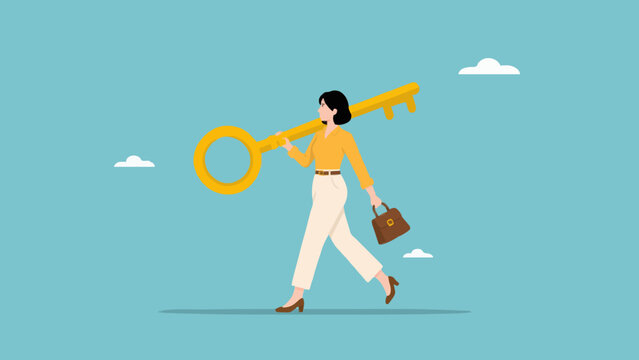 Business woman walking forward and carrying large golden key for future success flat.