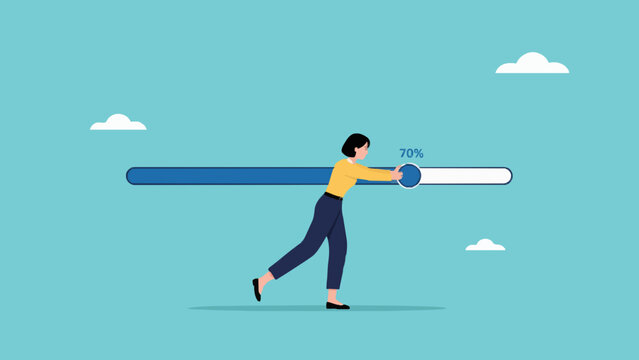 Vector flat illustration of an office worker pushing a loading bar to seventy percent.