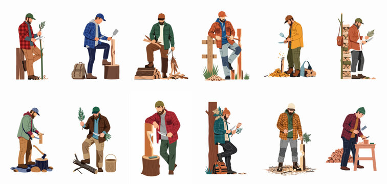 Set of flat vector illustrations featuring men in outdoor gear carving, whittling, and working with wood, perfect for crafts and wilderness themes.