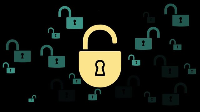 Hacking and system intrusion concept on the black background. Unauthorized access and account takeover. Motion graphics of unlocked padlock icons and account hack. 