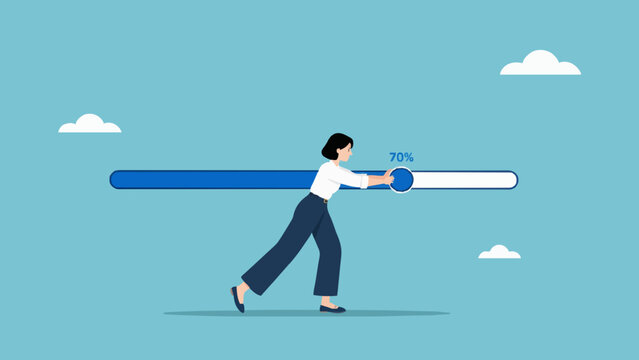 Business woman in white shirt pushing a blue loading progress bar at seventy percent.