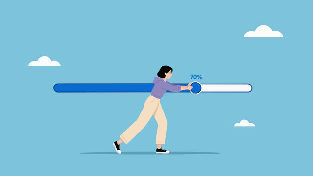 Young woman in purple hoodie pushing a blue loading progress bar to seventy percent.