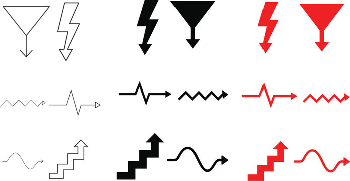 Creative directional arrow symbol set featuring lightning bolt funnel pulse wave zigzag stairs and wavy path indicators in solid red black and outline style for business data infographic element