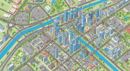 Fototapeta premium Aerial view of a modern city with skyscrapers and rivers.