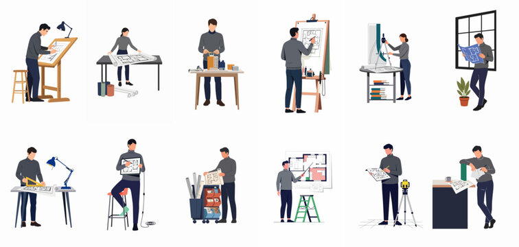 A collection of flat vector characters illustrating architects and engineers performing diverse professional tasks like drafting, building models, and reviewing blueprints in studios.