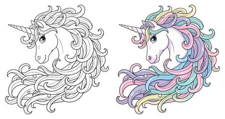Unicorn portrait features a majestic head with a long flowing rainbow mane for a lovely coloring page © Crafter