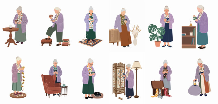 Set of flat illustrations featuring a senior woman holding playing cards in different home environments, representing retirement hobbies and cozy leisure time.