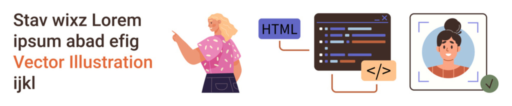Software development, user authentication, identity verification, coding, digital profiles, app development. Woman pointing at text, next to code window and verified profile. Identity verification