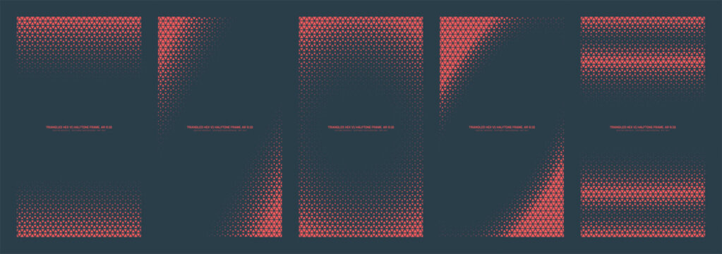 Vector triangles hexagonal grid red black halftone pattern set in vertical 9:16 aspect ratio including assorted frames. Varied half tone design elements bundle: horizontal, oval, rounded faded borders
