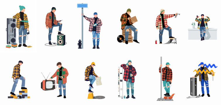 Collection of flat vector illustrations of a young man in various urban streetwear outfits and poses with retro props on a white background.