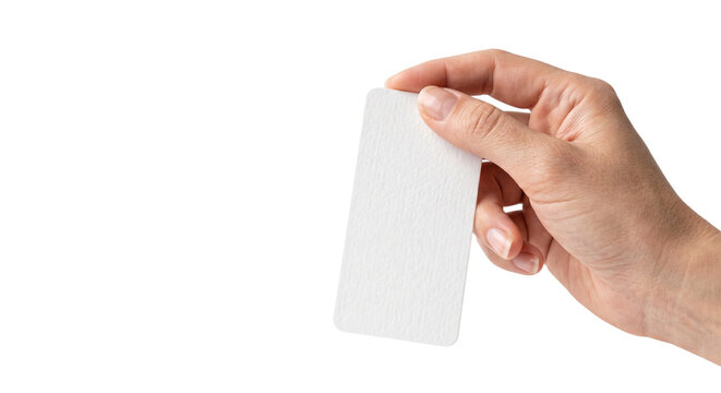Blank white business card held by female hand, professional identity mockup, clean paper card for contact information and corporate branding isolated PNG with Transparent Background