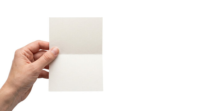 Blank white paper card held by hand, vertical folded greeting card mockup, minimalist stationery flyer for invitation or announcement isolated PNG with Transparent Background