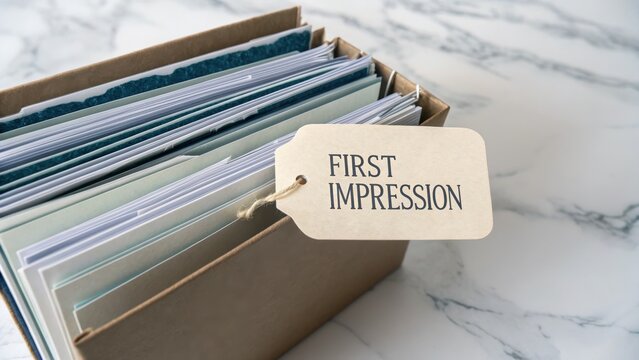 Organized Box of Documents with First Impression Tag on Marble Surface