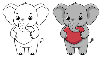 Obraz premium Elephant characters feature a cute standing baby calf holding a large red heart for this coloring page