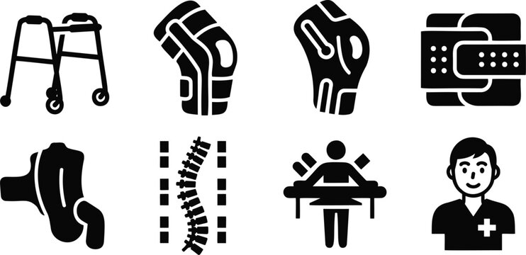Physical therapy rehabilitation icons vector silhouette illustration line art orthopedic fix.