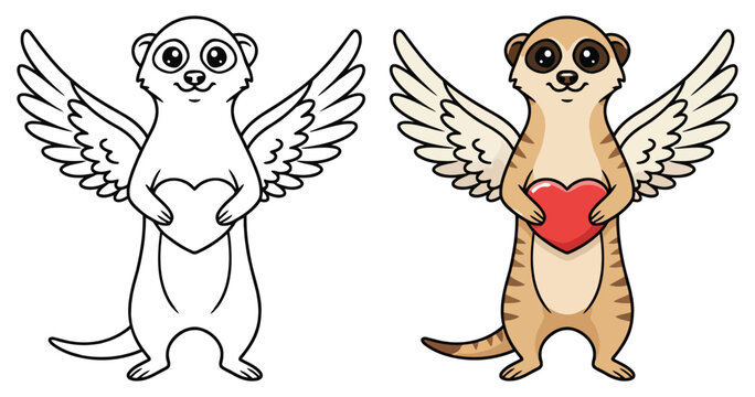 Meerkat cupid features a cute flying mongoose holding a small red heart for this lovely valentine coloring page