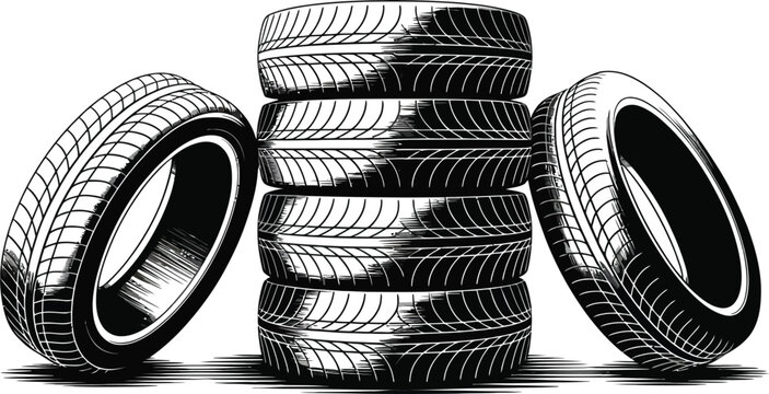 Stacked car tires, wheel and tire sets, automotive tires, black and white illustration, rubber wheels