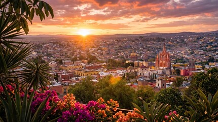Fototapeta premium San Miguel de Allende at sunset with flowers in the foreground