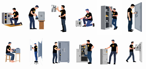 Set of illustrations depicting a man in a Bitcoin t-shirt securing digital and physical assets in various safes, vaults, and storage lockers. © Mam