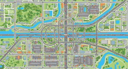 Fototapeta premium Aerial view of a modern city plan with roads and waterways.
