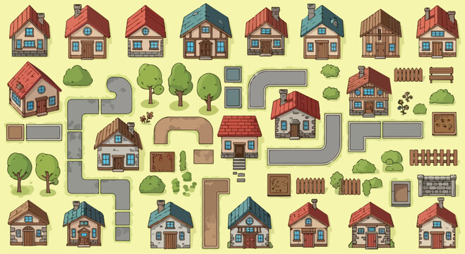 Isometric village map creator kit, medieval cottage houses and road construction set, flat vector game assets for town building and level design