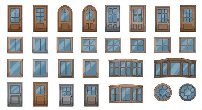 Vintage wooden doors and windows collection, 28 architectural building elements vector set, classic brown timber house entrance and glass window frames