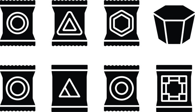 Abstract icons representing packaged goods, including geometric shapes and patterns on wrappers, suggesting food products, snacks, or merchandise.