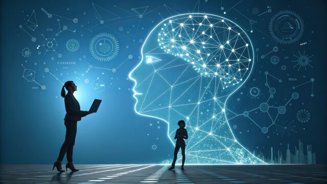 A woman and child observe a digital brain network, symbolizing artificial intelligence, technology, and human cognition in a futuristic, interconnected digital environment.