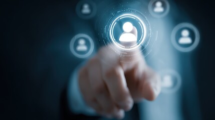 Fototapeta premium Business professional interacts with a digital user interface showing network connections and human resources icons.