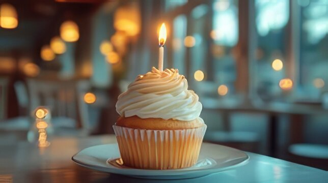A solitary birthday cupcake with a lit candle on a white plate, set against a soft, blurred background with warm bokeh lights