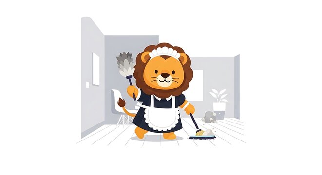 A cartoon lion wearing a maid outfit sweeps and dusts a room. A simple chair and plant are in the background