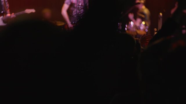 Large crowd seen from behind with many arms raised, white truss lighting strip above, blue light bathes scene from front of stage