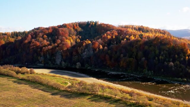 Shallow mountain river at foothill with terracotta forests