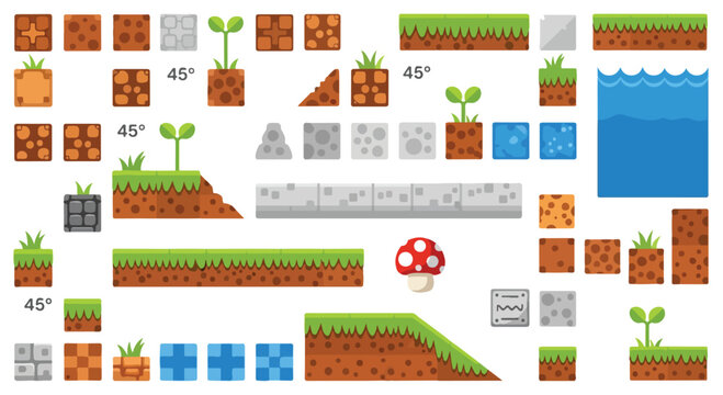 Pixel art game assets set, 2D platformer tileset with grass and dirt blocks, retro video game environment elements for level design